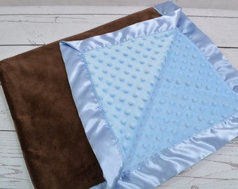 Satin Trim Baby Blanket... Blue and Brown Baby Blanket... Personalized Blanket... Custom Blanket