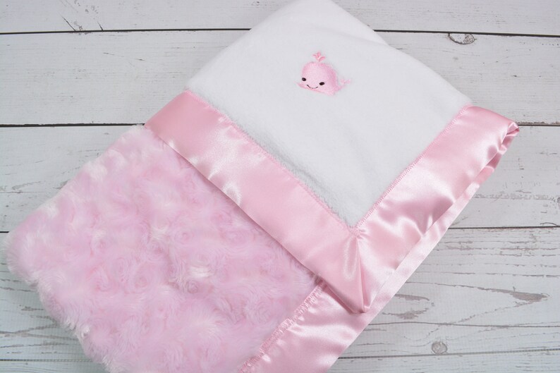 Girl Baby Blanket Crib Baby Blanket.. Satin Trim Minky Blanket.. Whale Baby Blanket.. Pink Minky Baby Blanket..