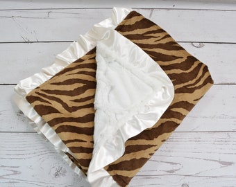 Zebra Print Baby Blanket... Satin Trim Minky Blanket... Ivory Minky Blanket... Baby Girl Blanket