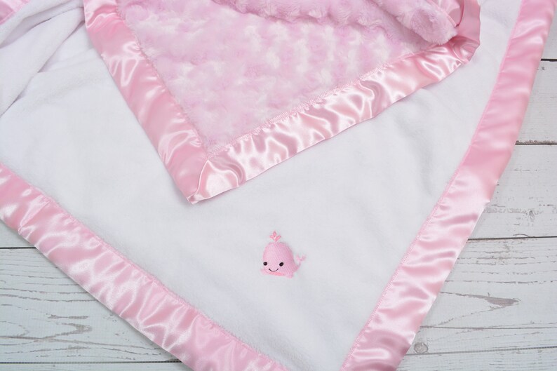 Girl Baby Blanket Crib Baby Blanket.. Satin Trim Minky Blanket.. Whale Baby Blanket.. Pink Minky Baby Blanket..