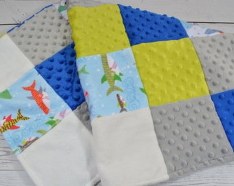 Patchwork Minky Blanket... Ocean Theme Baby Blanket... Crib Blanket... Stroller Blanket... Shark Print Baby Blanket