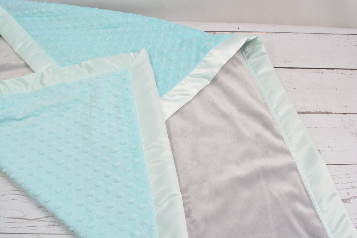 Satin Trim Baby Blanket... Gray and Aqua/Seafoam Green Baby Etsy