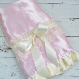 Pink Satin Baby Blanket... Satin and Minky Blanket... Lace Trimmed Satin Blanket... Crib Blanket