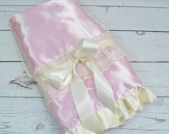Pink Satin Baby Blanket... Satin and Minky Blanket... Lace Trimmed Satin Blanket... Crib Blanket