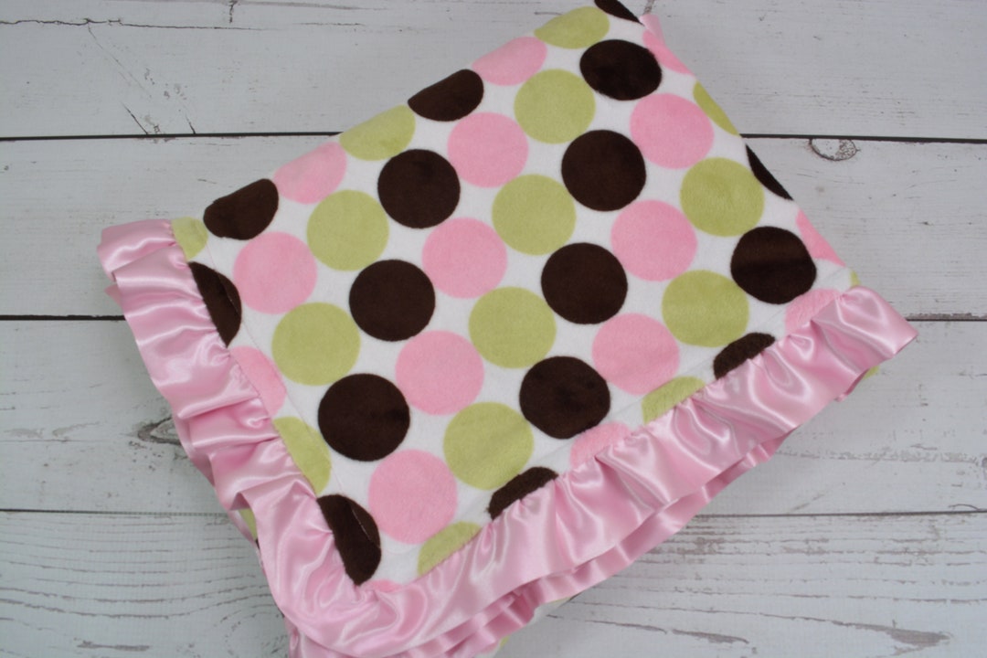 Polka Dot Print Minky Blanket. Baby Girl Blanket in Pink Green and Brown. Minky Blanket With Satin Ruffle Etsy Canada