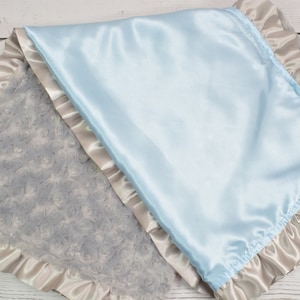 Blue Satin Baby Blanket... Satin and Minky Blanket... Satin and Minky Blanket With Satin Ruffle... Crib Blanket