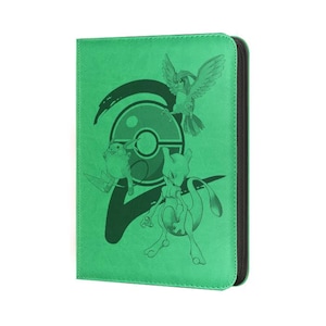 May include: Green card binder featuring a black graphic of a Poké Ball and three Pokémon characters. The binder has a black zipper and stitching along the edges. The cover is a solid green color.