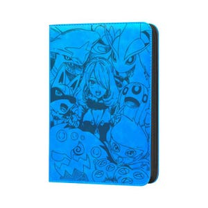 May include: A blue card binder featuring a detailed illustration of various anime characters. The cover has a zipper closure and a stitched border. The artwork is in shades of blue and black.
