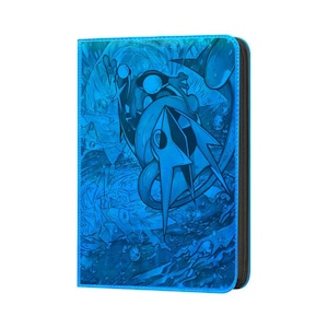 May include: A rectangular blue binder featuring a monochromatic graphic illustration of a stylized creature with sharp, angular features and circular elements. The cover has a glossy finish with varying shades of cyan and dark blue throughout the design.