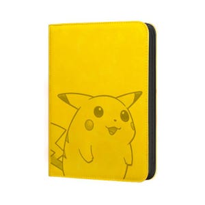 May include: A bright yellow rectangular trading card binder featuring a dark yellow outline illustration of the character Pikachu on the front cover. The binder has a black zippered edge and a smooth, solid-colored yellow exterior finish.