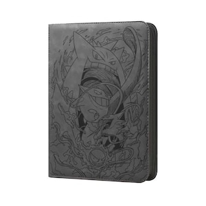 May include: A gray, zippered binder featuring a detailed, engraved design of several Pokémon characters. The cover art includes images of Gengar, Haunter, and Gastly, with a dark gray background and a black zipper.