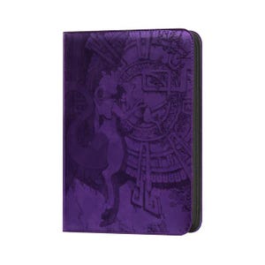 May include: A rectangular purple binder featuring a debossed graphic of a bipedal creature with a long tail standing before a circular stone-like structure with intricate geometric patterns. The binder has a zippered edge and a smooth finish.