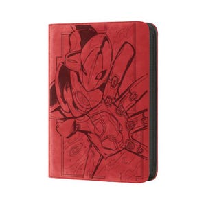 May include: Red zippered binder featuring a detailed illustration of a futuristic character in a dynamic pose. The artwork is in a darker shade of red, creating a striking contrast against the lighter red background. The binder has a black zipper and a stitched border.