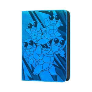 May include: A blue trading card binder featuring a group of cartoon turtles wearing sunglasses. The cover has a geometric design with a black spine and a zipper closure. The turtles are in various poses, with one giving a thumbs up.
