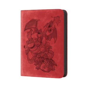 May include: A red rectangular zippered binder featuring a dark embossed illustration of three creatures, including a winged dragon-like figure, a turtle-like figure with cannons, and a plant-based creature with a large flower on its back.