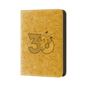 May include: A yellow rectangular binder featuring a repeating pattern of Pikachu characters in various poses. The center of the cover displays a large number 30 with a Pikachu character integrated into the design, all in a darker yellow tone.