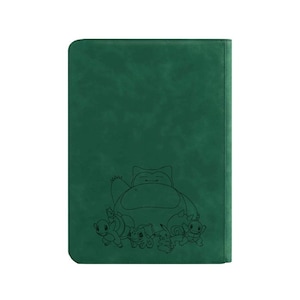 May include: A dark green card binder featuring a black outline illustration of Snorlax and other Pok&eacute;mon characters. The binder has a smooth, textured surface and a rectangular shape, perfect for storing trading cards.