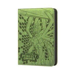 May include: Green card binder with a black zipper. The front features a detailed green graphic of a character and the text "MEGA EVOLUTION PERFECT ORDER". The binder has a textured surface.