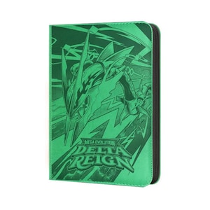 May include: A bright green trading card binder featuring a dark green graphic illustration of a dragon-like creature. The cover displays the text Mega Evolution Delta Reign in a stylized font, with a black spine and a textured surface finish.