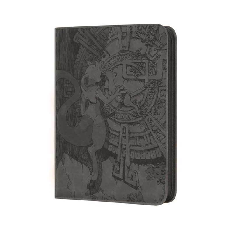 May include: A dark gray zippered binder featuring an embossed graphic of a bipedal creature with a long tail standing before a large circular stone-like structure with intricate geometric patterns and ancient-looking symbols etched into the surface.