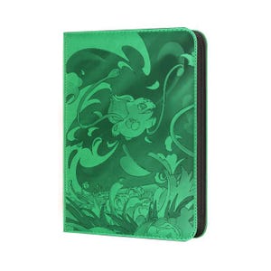 May include: A rectangular green binder featuring a monochromatic embossed illustration of a creature with a plant bulb on its back, surrounded by stylized leaves and swirling wind patterns, with a black zippered edge along the right side.