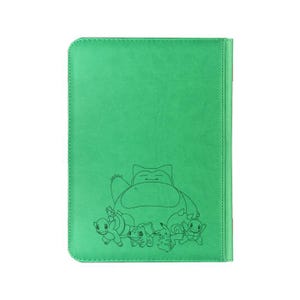 May include: Green card holder featuring a black line drawing of Snorlax and other Pok&eacute;mon characters. The card holder has a stitched border and a textured surface. The design includes a sleeping Snorlax and several smaller Pok&eacute;mon.