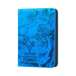 May include: A bright blue trading card binder featuring a dark blue line art illustration of three dragon-like creatures and flames. The text "MEGA EVOLUTION PHANTASMAL FLAMES" is printed in a stylized font on the lower front cover of the binder.