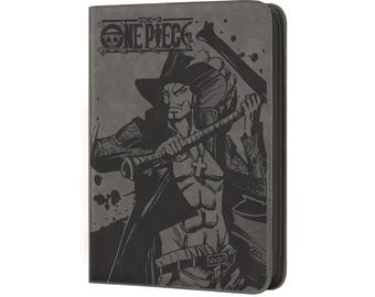 May include: A dark gray zippered wallet featuring a detailed illustration of a character from the "One Piece" anime series. The design includes the series logo and a depiction of the character holding a sword. The wallet has a textured appearance.