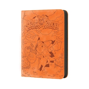 May include: An orange trading card binder featuring a debossed design with the text TRICK OR TRADE. The cover displays a Pikachu character wearing a costume, surrounded by bats, jack-o'-lanterns, and candy, with a black spine and zipper.