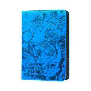 May include: A blue card binder featuring a detailed illustration of various creatures in a battle scene. The cover has the text "MEGA EVOLUTION PHANTASMAL FLAMES" in a stylized font. The binder has a black zipper.