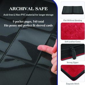 May include: Black card binder with clear pocket pages. Features include a soft leather cover, strong zipper, and exquisite stitching. The binder is archival safe, acid-free, and holds 540 cards. Text on the image reads: "ARCHIVAL SAFE".
