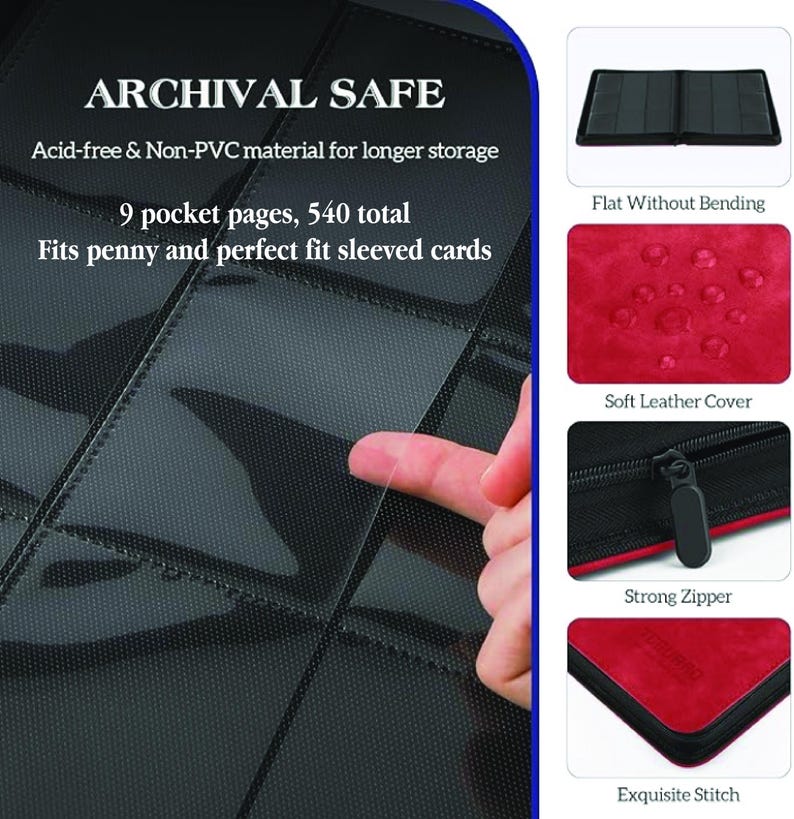 May include: Black card binder with clear pocket pages. Features include a soft leather cover, strong zipper, and exquisite stitching. The binder is archival safe, acid-free, and holds 540 cards. Text on the image reads: "ARCHIVAL SAFE".