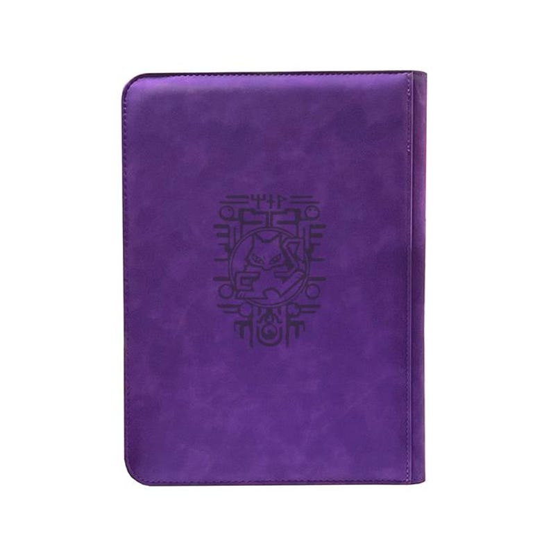 May include: A rectangular purple binder with rounded corners featuring a dark purple embossed graphic of a stylized creature centered on the front cover. The surface has a smooth, matte texture with visible stitching along the right edge.