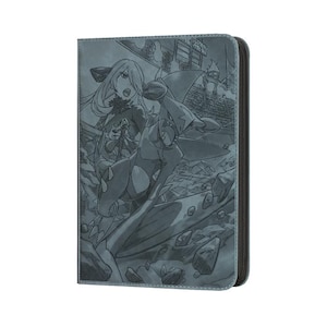 May include: Gray zippered card holder featuring a detailed engraved illustration of a female anime character with long hair and a cape, set against a cityscape background. The design is monochromatic, with a dark gray border.