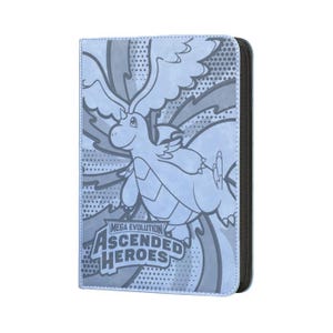 May include: A light blue card binder featuring a stylized illustration of a dragon-like creature with wings. The text "MEGA EVOLUTION ASCENDED HEROES" is printed on the front. The binder has a black spine and a zipper closure.