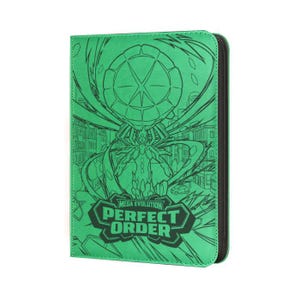 May include: Green card binder with a black zipper and stitching. The front features a detailed black illustration of a creature and the text "MEGA EVOLUTION PERFECT ORDER". The binder is designed to hold trading cards.