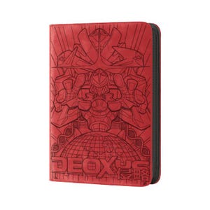 May include: Red zippered binder with a detailed black illustration of a robot-like figure and the word "DEOXUS" at the bottom. The design is embossed on the front cover. The binder has a black zipper and spine.