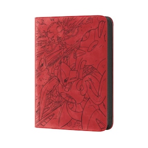 May include: Red card binder with a black zipper. The cover features a detailed red illustration of characters in a dynamic action pose. The binder is designed to hold trading cards and protect them from damage.