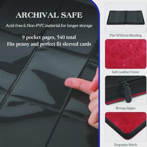 May include: Black card binder with clear pockets, featuring the text "ARCHIVAL SAFE". The binder has a soft leather cover and a strong zipper. It holds 540 cards and is acid-free for longer storage.