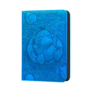 May include: A blue card binder featuring a Psyduck design. The cover has a detailed illustration of Psyduck swimming in water, with other Psyducks in the background. The binder has a black zipper closure and is designed for card storage.