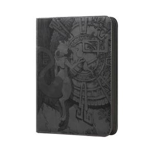 May include: A black rectangular trading card binder featuring an embossed graphic of the character Mewtwo standing before a circular stone-like structure with intricate geometric patterns and a long tail curving along the left side of the cover.