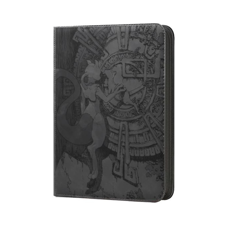 May include: A black rectangular trading card binder featuring an embossed graphic of the character Mewtwo standing before a circular stone-like structure with intricate geometric patterns and a long tail curving along the left side of the cover.