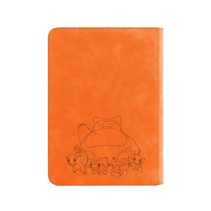 May include: Orange card binder featuring a black outline illustration of Snorlax and several other Pok&eacute;mon characters. The binder has a stitched border and a textured surface, perfect for storing trading cards.