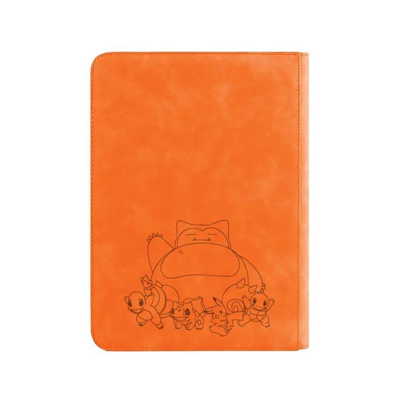 May include: Orange card binder featuring a black outline illustration of Snorlax and several other Pok&eacute;mon characters. The binder has a stitched border and a textured surface, perfect for storing trading cards.