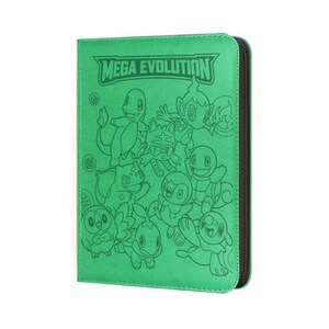 May include: A bright green trading card binder featuring the text MEGA EVOLUTION at the top. The cover is decorated with dark green line art illustrations of various cartoon creatures, including small reptiles, birds, and mammals with fire symbols.