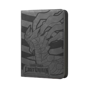 May include: A gray zippered card binder featuring a detailed illustration of a dragon-like creature. The binder has the text "SWORD & SHIELD LOST ORIGIN" at the bottom. The overall design is a dark gray color.
