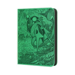 May include: Green card binder featuring a detailed illustration of a fantasy creature. The binder has a zipper closure and a black spine. The artwork is a monochromatic green design with a variety of shapes and lines.