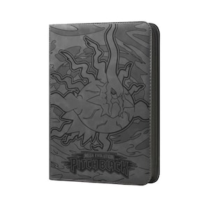 May include: A gray, zippered card binder featuring a detailed embossed design of a creature with lightning and the text "MEGA EVOLUTION PITCH BLACK". The binder is designed to hold trading cards and has a dark gray color.