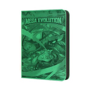 May include: Green card binder featuring a Bulbasaur illustration with the text "MEGA EVOLUTION". The binder has a zipper closure and a black border. The design is a vibrant green.