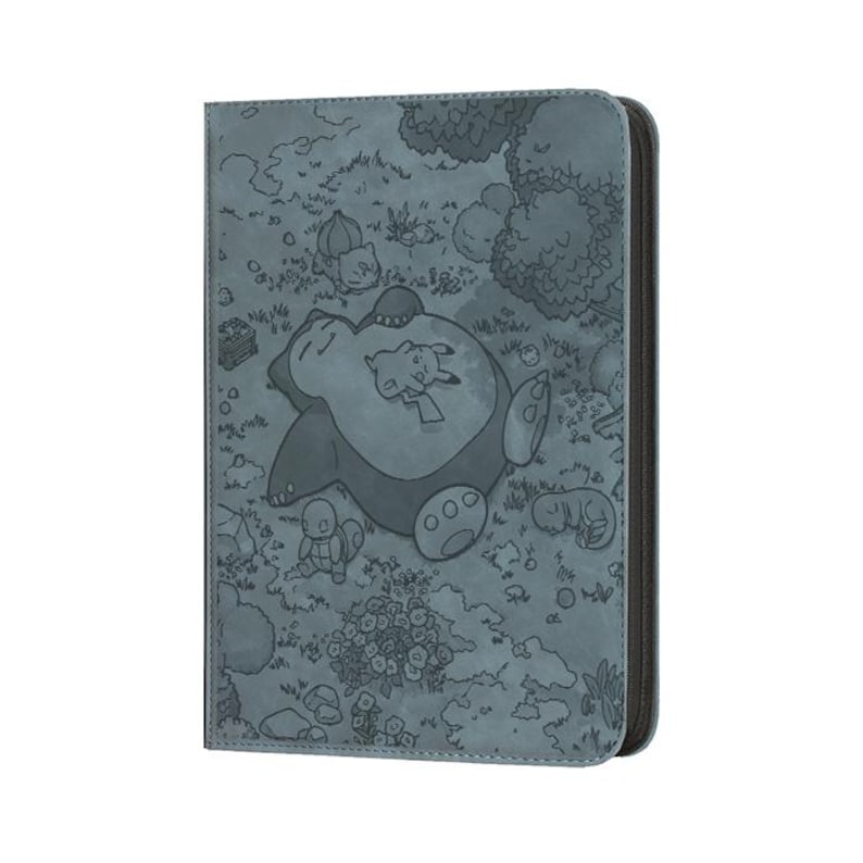 May include: A gray, zippered card binder featuring a detailed illustration of a sleeping Snorlax with Pikachu on its belly, surrounded by other Pok&eacute;mon characters and a forest scene. The binder has a dark gray border.